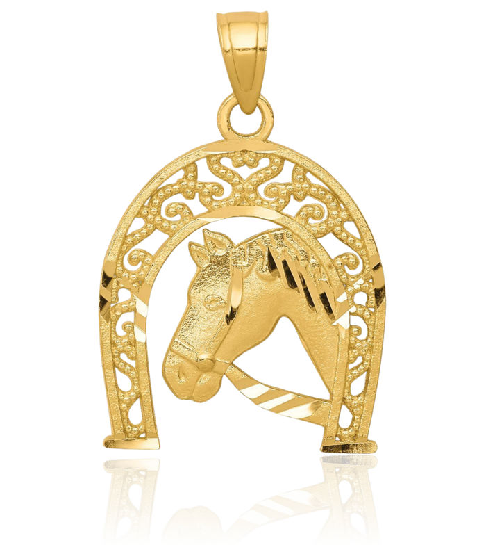 10K Solid Yellow Gold Lucky Horseshoe Horse Head Necklace Animal Lover Pendant Equestrian Charm