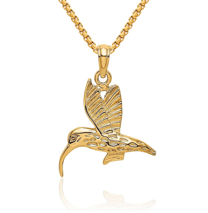 10K Solid Yellow Gold Hummingbird Flying Necklace Bird Pendant Charm