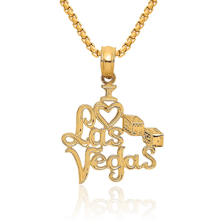 10K Solid Yellow Gold I Love Heart Las Vegas Dice Necklace Chain Pendant Charm