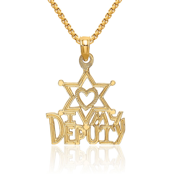 10K Solid Yellow Gold I Love Heart My Deputy Necklace Chain Pendant Charm