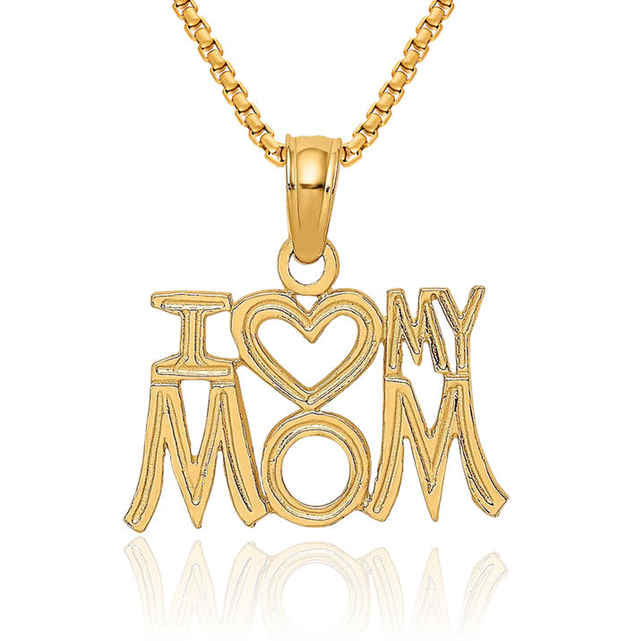 10K Solid Yellow Gold I Love Heart My Mom Necklace Mama Charm Mother Pendant