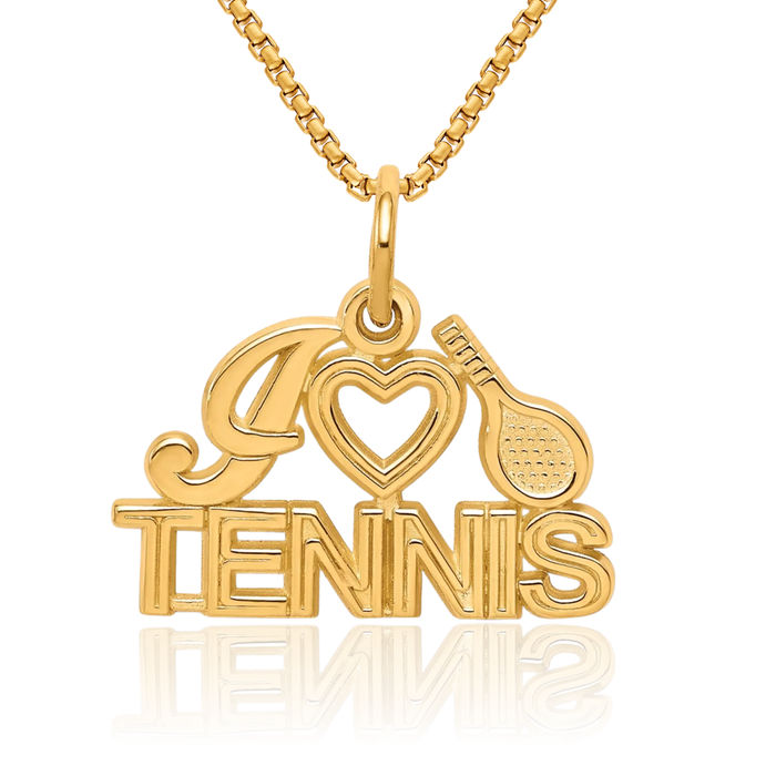 10K Solid Yellow Gold I Love Heart Tennis Necklace Charm Sports Pendant