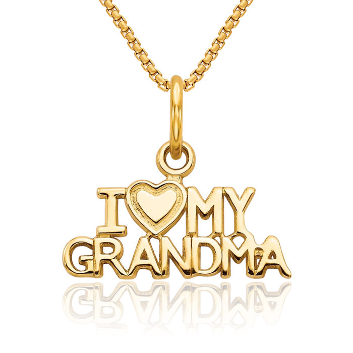 10K Solid Yellow Gold I Love My Grandma Necklace Nana Charm Grandmother Pendant