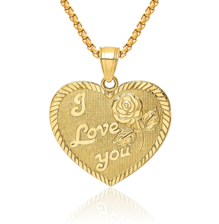 10K Solid Yellow Gold I Love You Heart Necklace Chain Pendant Charm