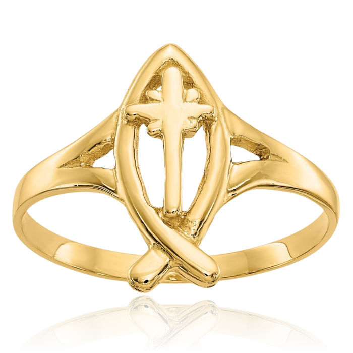 10K Solid Yellow Gold Ichthus Fish Symbol Holy Cross Religious Ring Christian Jesus Christ Promise Band