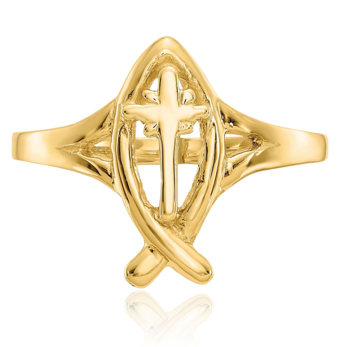 10K Solid Yellow Gold Ichthus Fish Symbol Holy Cross Religious Ring Christian Jesus Christ Promise Band