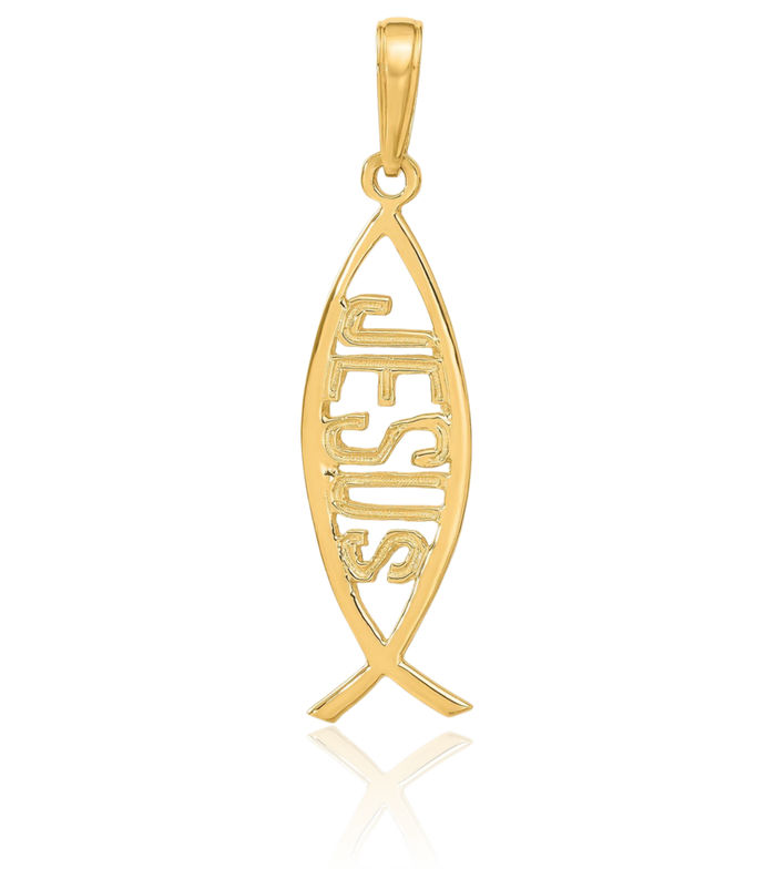 10K Solid Yellow Gold Ichthus Fish Symbol Jesus Christ Necklace Religious Chain Pendant Christian Charm