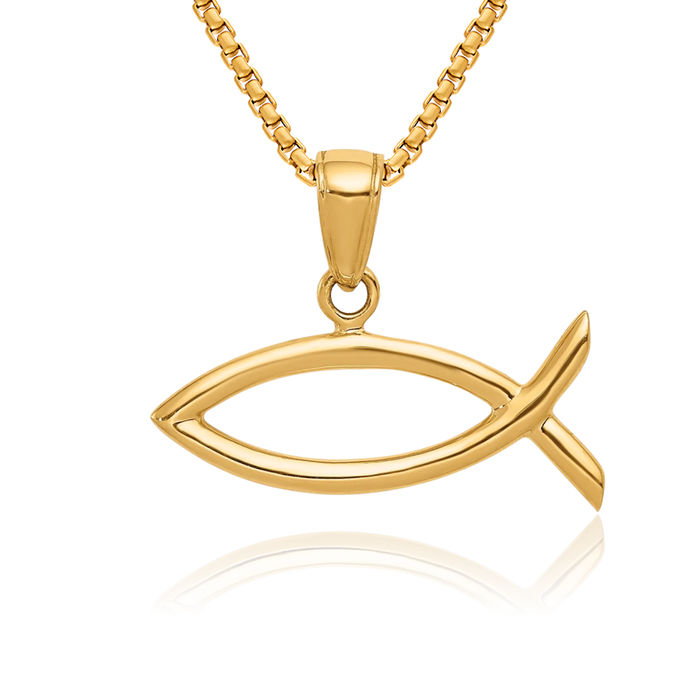 10K Solid Yellow Gold Ichthus Fish Symbol Necklace Religious Chain Pendant Christian Jesus Christ Charm