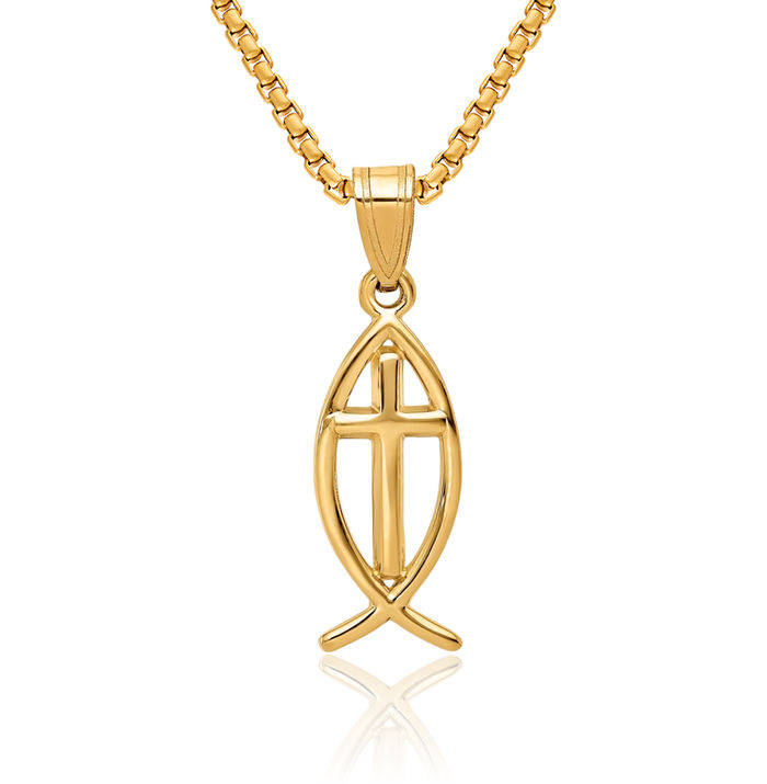 10K Solid Yellow Gold Ichthus Fish Symbol Necklace Religious Chain Pendant Christian Jesus Christ Charm