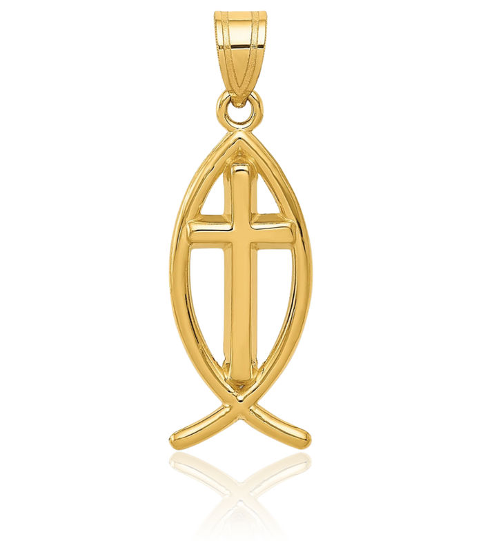 10K Solid Yellow Gold Ichthus Fish Symbol Necklace Religious Chain Pendant Christian Jesus Christ Charm