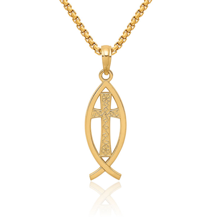 10K Solid Yellow Gold Ichthus Fish Symbol Necklace Religious Chain Pendant Christian Jesus Christ Charm