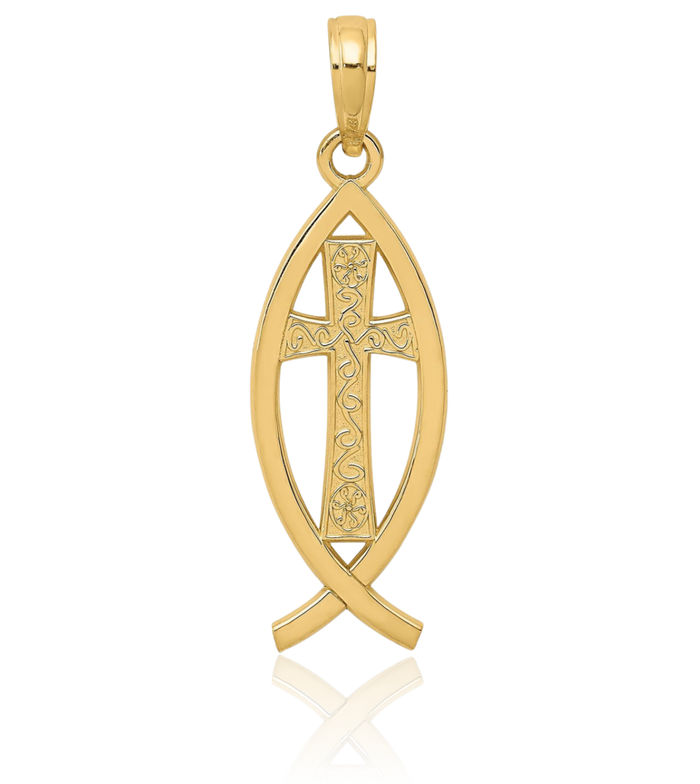 10K Solid Yellow Gold Ichthus Fish Symbol Necklace Religious Chain Pendant Christian Jesus Christ Charm