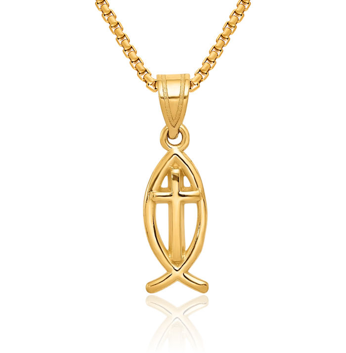 10K Solid Yellow Gold Ichthus Fish Symbol Necklace Religious Chain Pendant Christian Jesus Christ Charm