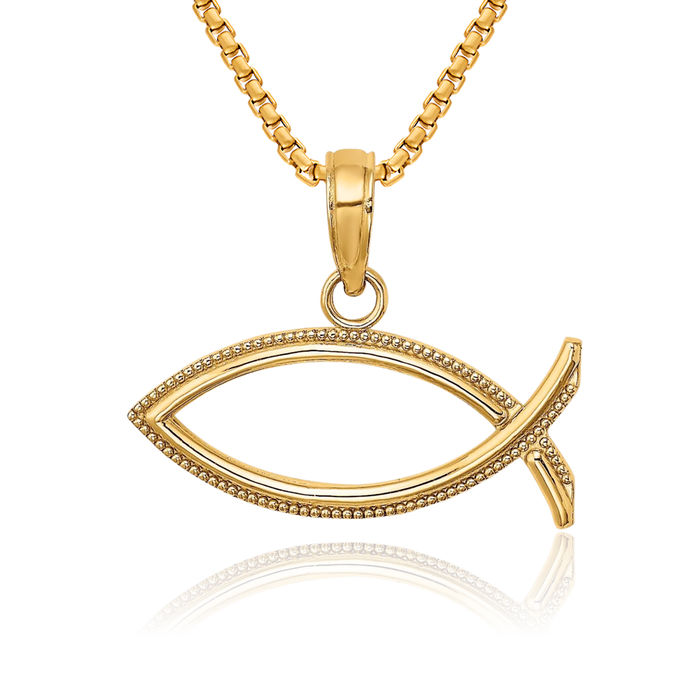 10K Solid Yellow Gold Ichthus Fish Symbol Necklace Religious Chain Pendant Christian Jesus Christ Charm