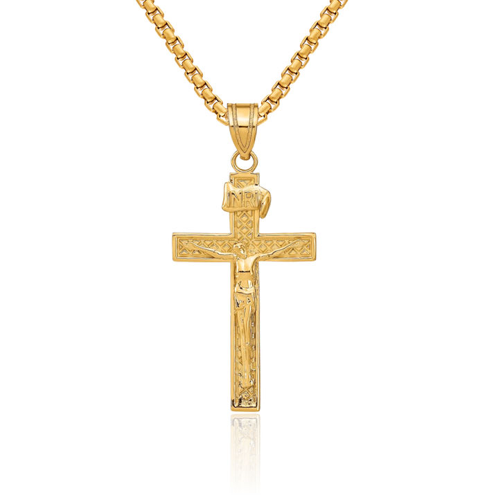10K Solid Yellow Gold Inri Lord Jesus Christ Crucifix Holy Cross Necklace Religious Chain Pendant Charm