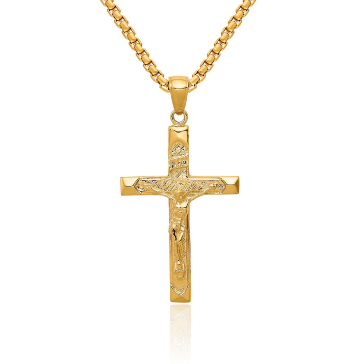 10K Solid Yellow Gold Inri Lord Jesus Christ Crucifix Holy Cross Necklace Religious Chain Pendant Charm