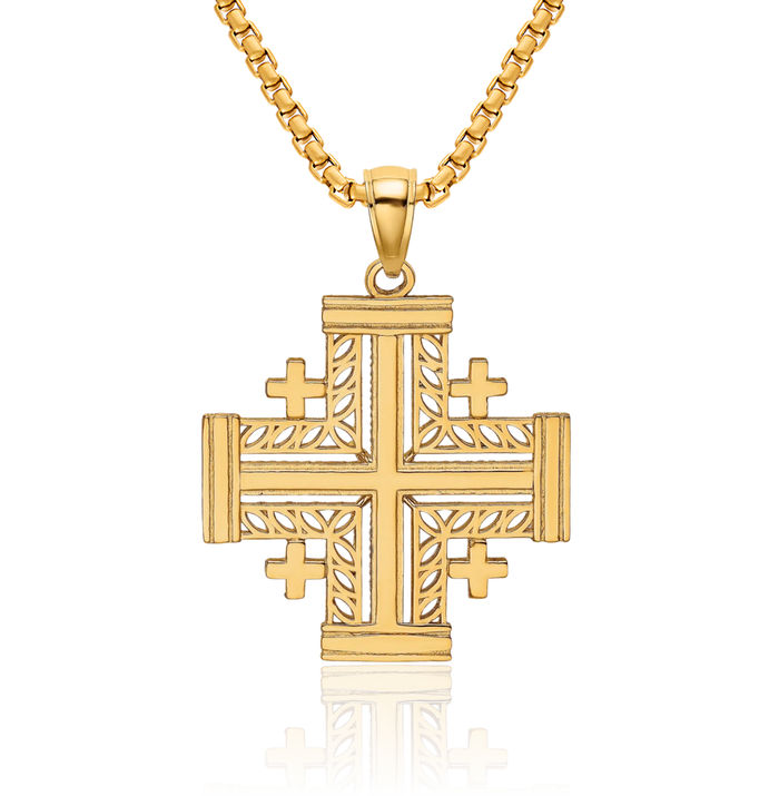 10K Solid Yellow Gold Jerusalem Crusader Holy Cross Necklace Religious Chain Pendant Jesus Christ Charm