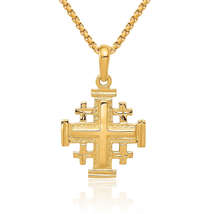 10K Solid Yellow Gold Jerusalem Crusader Holy Cross Necklace Religious Chain Pendant Jesus Christ Charm