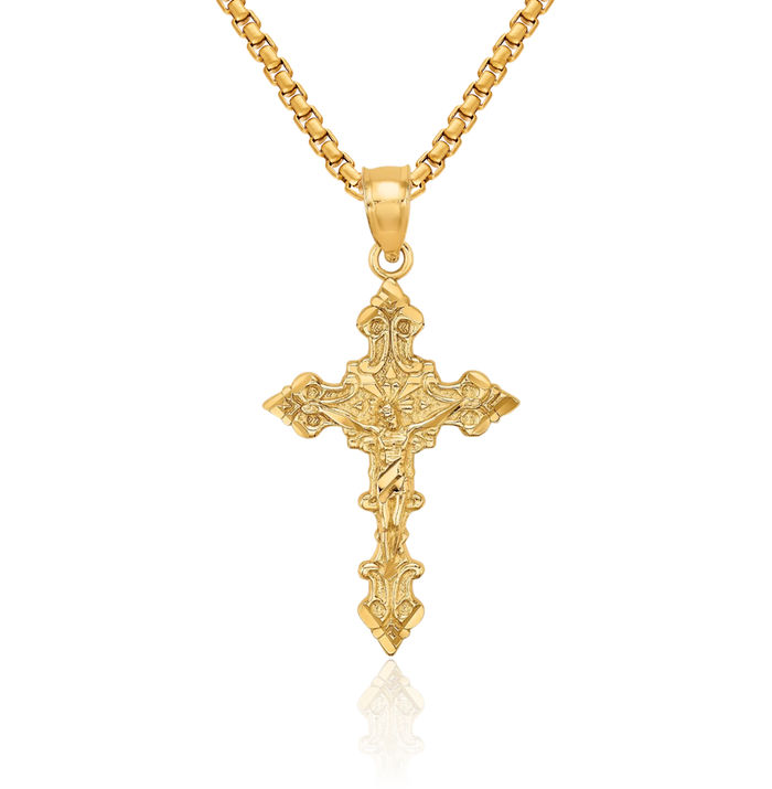 10K Solid Yellow Gold Lord Jesus Christ Crucifix Holy Cross Edges Necklace Religious Chain Pendant Charm