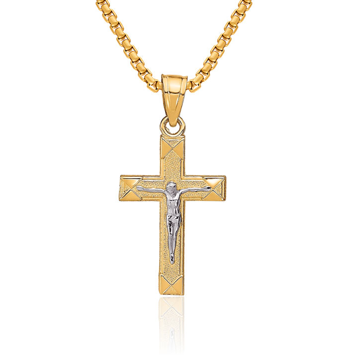 10K Solid Yellow Gold Lord Jesus Christ Crucifix Holy Cross Necklace Religious Chain Pendant Charm