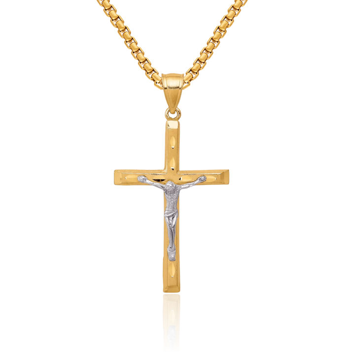 10K Solid Yellow Gold Lord Jesus Christ Crucifix Holy Cross Necklace Religious Chain Pendant Charm