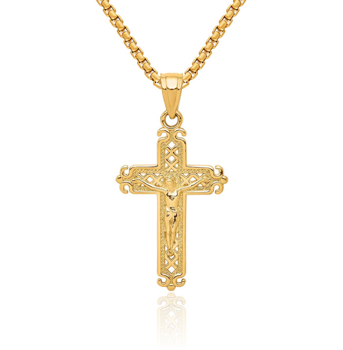 10K Solid Yellow Gold Lord Jesus Christ Crucifix Holy Cross Necklace Religious Chain Pendant Charm