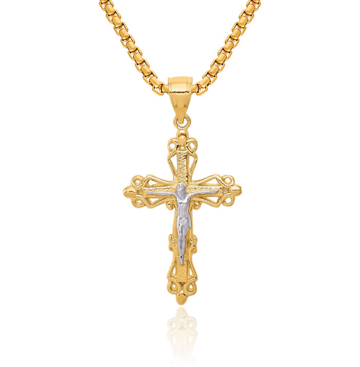 10K Solid Yellow Gold Lord Jesus Christ Crucifix Holy Cross Necklace Religious Chain Pendant Charm