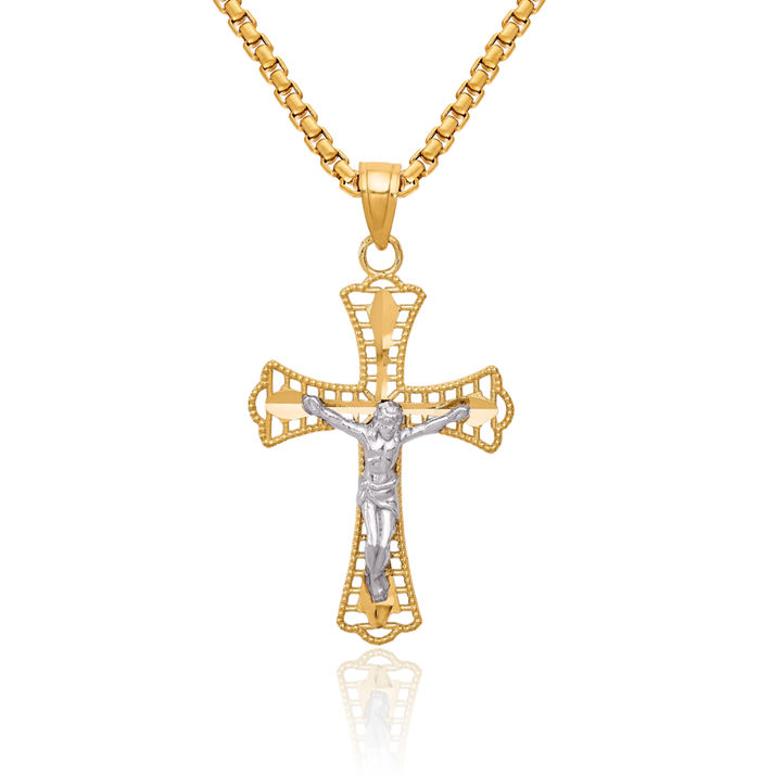 10K Solid Yellow Gold Lord Jesus Christ Crucifix Holy Cross Necklace Religious Chain Pendant Charm