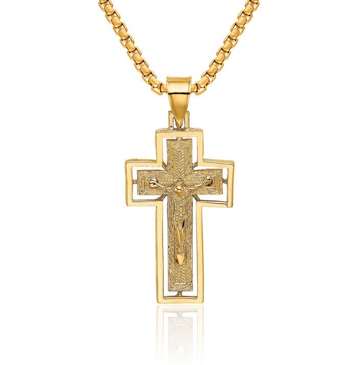 10K Solid Yellow Gold Lord Jesus Christ Crucifix Holy Cross Necklace Religious Chain Pendant Charm