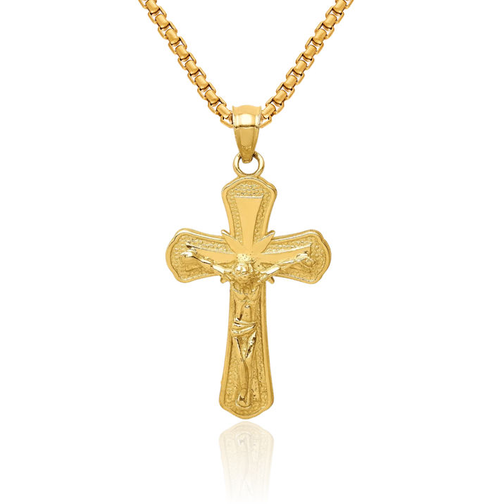 10K Solid Yellow Gold Lord Jesus Christ Crucifix Holy Cross Necklace Religious Chain Pendant Charm