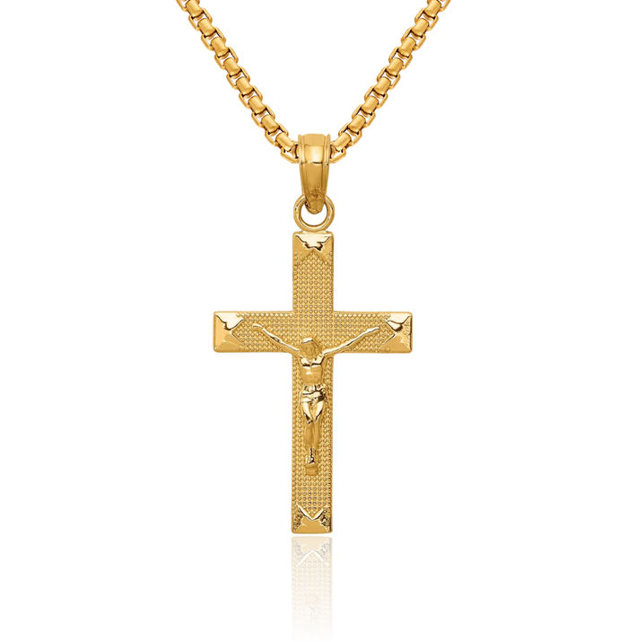 10K Solid Yellow Gold Lord Jesus Christ Crucifix Holy Cross Necklace Religious Chain Pendant Charm