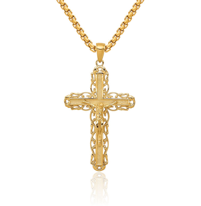 10K Solid Yellow Gold Lord Jesus Christ Crucifix Holy Cross Necklace Religious Chain Pendant Charm