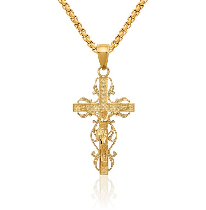 10K Solid Yellow Gold Lord Jesus Christ Crucifix Holy Cross Necklace Religious Chain Pendant Charm