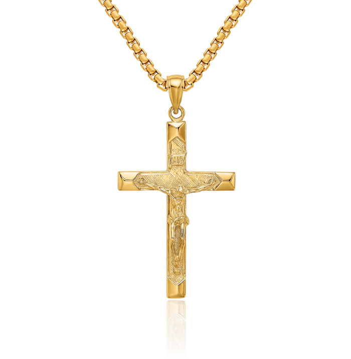 10K Solid Yellow Gold Lord Jesus Christ Crucifix Holy Cross Necklace Religious Chain Pendant Charm