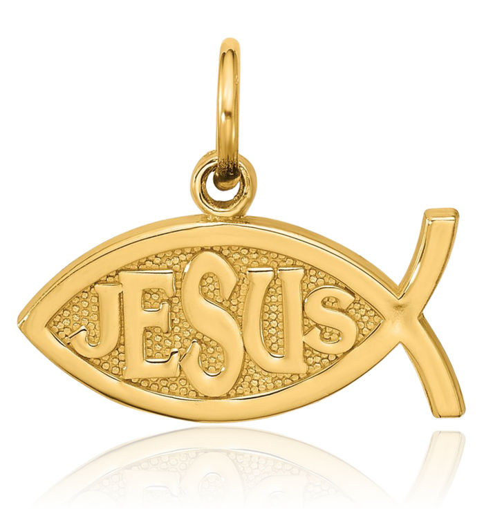 10K Solid Yellow Gold Jesus Christ Ichthus Fish Symbol Necklace Religious Chain Pendant Christian Charm