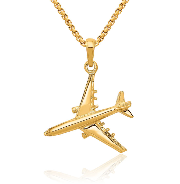 10K Solid Yellow Gold Jet Airplane Necklace Chain Pendant Charm