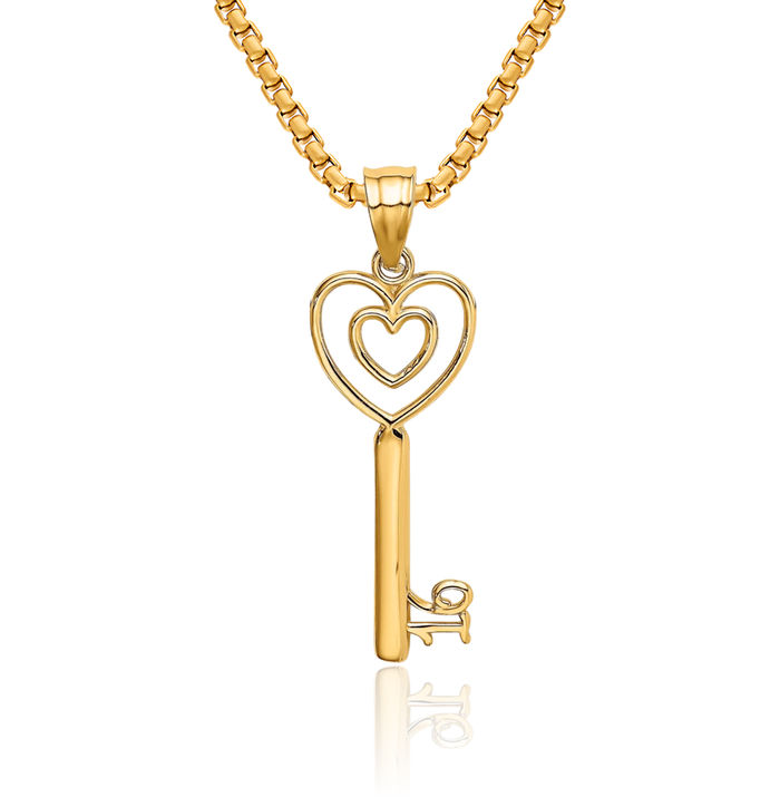 10K Solid Yellow Gold Key Heart Sweet 16 Years Old Birthday Necklace Chain Pendant Charm