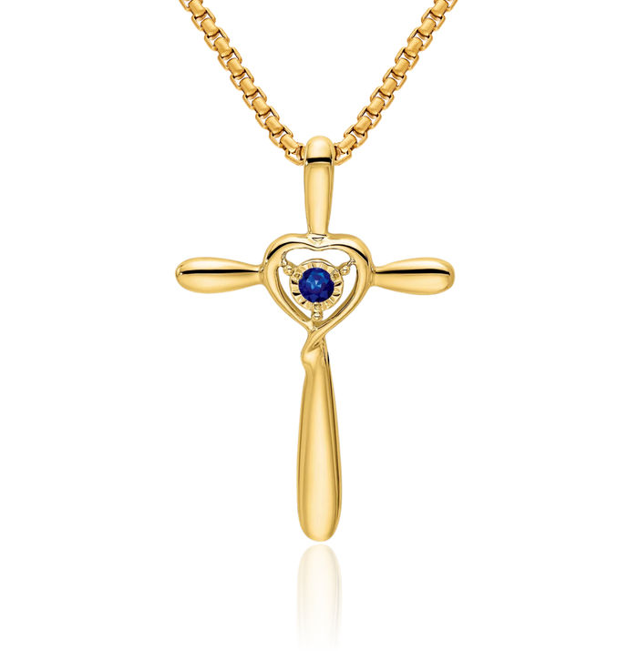 10K Solid Yellow Gold Lab Blue Sapphire Holy Cross Heart Floating Chain Slide Gemstone Pendant Necklace Charm September Birthstone Jewelry