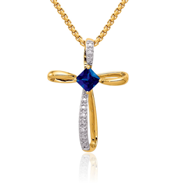 10K Solid Yellow Gold Lab Blue Sapphire Diamond Holy Cross Necklace Charm Gemstone Pendant