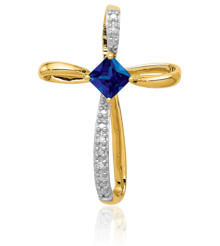 10K Solid Yellow Gold Lab Blue Sapphire Diamond Holy Cross Necklace Charm Gemstone Pendant