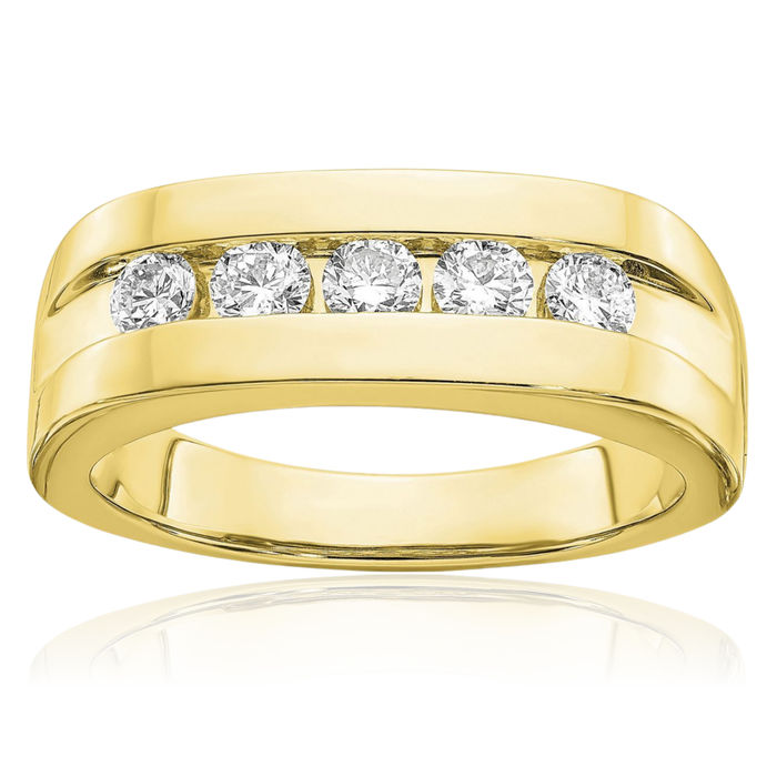 10K Solid Yellow Gold Lab Diamond 5 Stone Mens Channel Wedding Band Ring