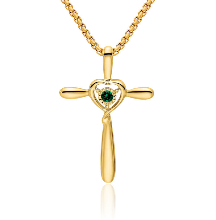 10K Solid Yellow Gold Lab Green Emerald Holy Cross Heart Floating Chain Slide Gemstone Pendant Necklace Charm May Birthstone Jewelry