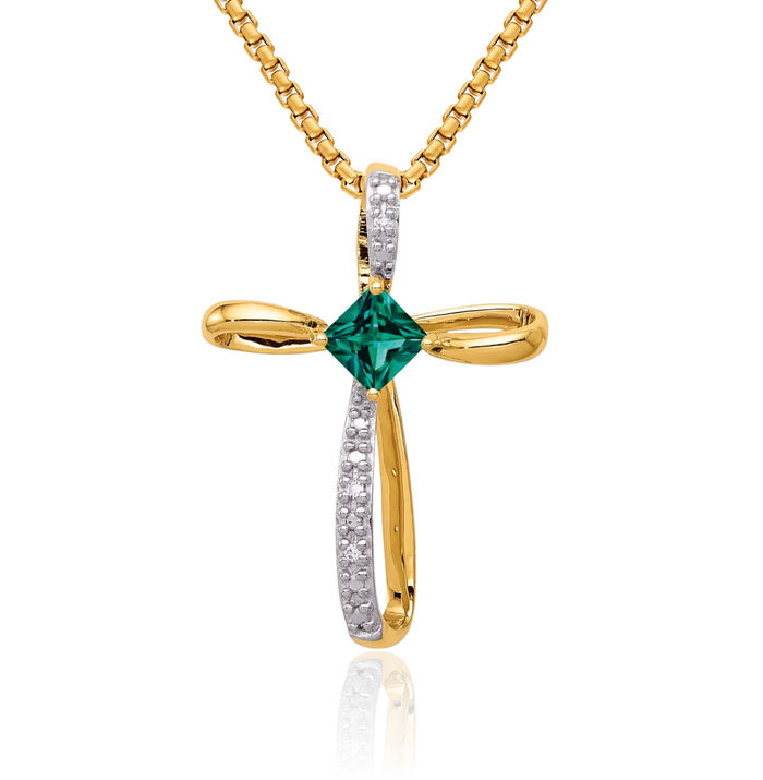 10K Solid Yellow Gold Lab Green Emerald Diamond Holy Cross Necklace Charm Gemstone Pendant