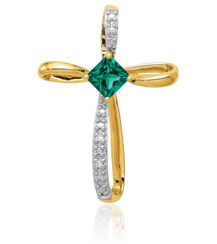 10K Solid Yellow Gold Lab Green Emerald Diamond Holy Cross Necklace Charm Gemstone Pendant