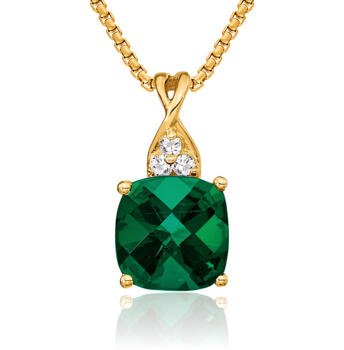 10K Solid Yellow Gold Lab Green Emerald Diamond Necklace Charm Gemstone Pendant May Birthstone Jewelry