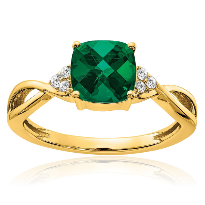 10K Solid Yellow Gold Lab Green Emerald Diamond Ring May Birthstone Jewelry