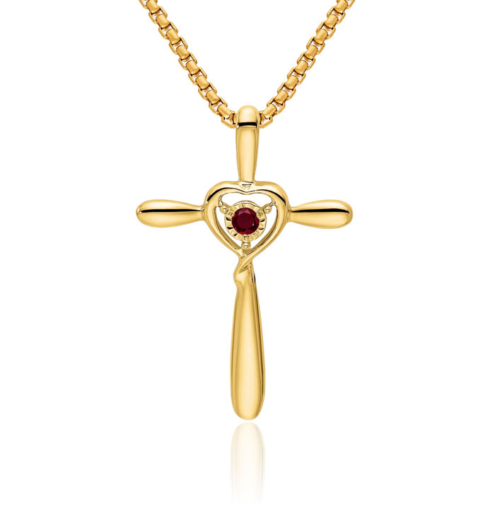 10K Solid Yellow Gold Lab Red Ruby Holy Cross Heart Floating Chain Slide Gemstone Pendant Necklace Charm July Birthstone Jewelry