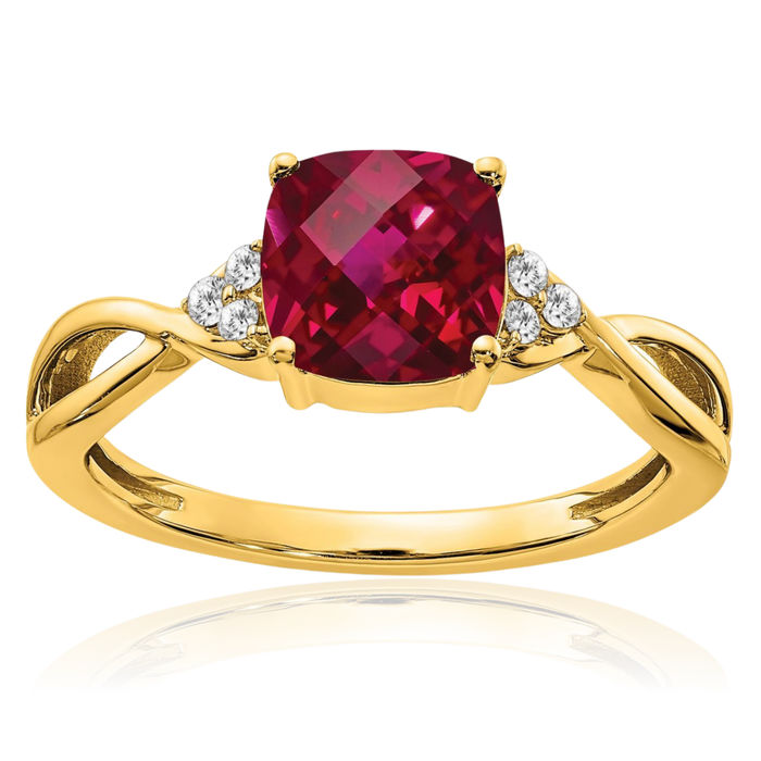 10K Solid Yellow Gold Lab Red Ruby Diamond Ring July Birthstone Jewelry