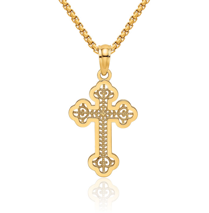 10K Solid Yellow Gold Lace Budded Holy Cross Necklace Religious Chain Pendant Jesus Christ Christian Charm