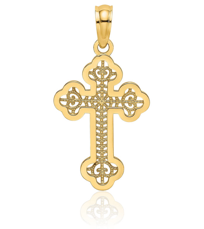 10K Solid Yellow Gold Lace Budded Holy Cross Necklace Religious Chain Pendant Jesus Christ Christian Charm